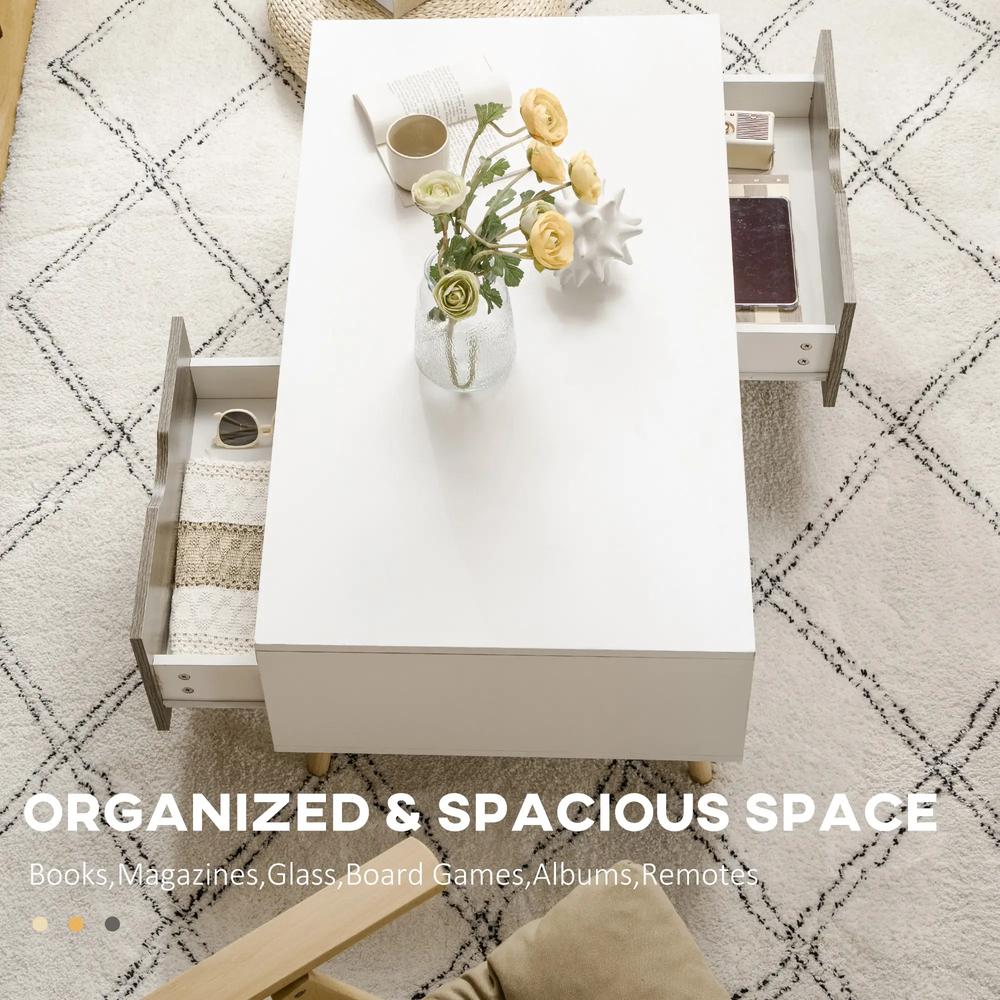 HOMCOM Coffee Table, Modern Tea Table with Open Storage Shelves, Two Drawers and Solid Wood Legs, Coffee Tables for Living Room, Bed Room, White Additional View 5