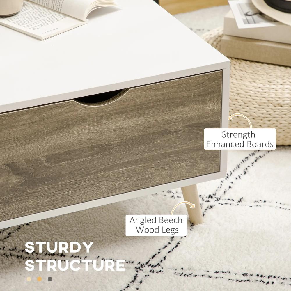 HOMCOM Coffee Table, Modern Tea Table with Open Storage Shelves, Two Drawers and Solid Wood Legs, Coffee Tables for Living Room, Bed Room, White Additional View 6