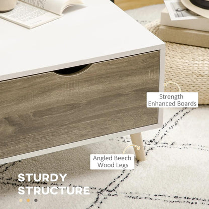 HOMCOM Coffee Table, Modern Tea Table with Open Storage Shelves, Two Drawers and Solid Wood Legs, Coffee Tables for Living Room, Bed Room, White Additional View 6