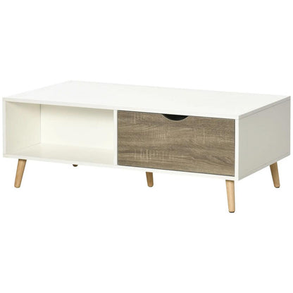 HOMCOM Coffee Table, Modern Tea Table with Open Storage Shelves, Two Drawers and Solid Wood Legs, Coffee Tables for Living Room, Bed Room, White Additional View 10