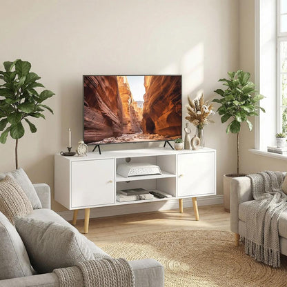 HOMCOM TV Stand Cabinet up to 55 Inches, TV Unit with Storage Shelves and Wood Legs for Living Room, Bedroom, White Additional View 2