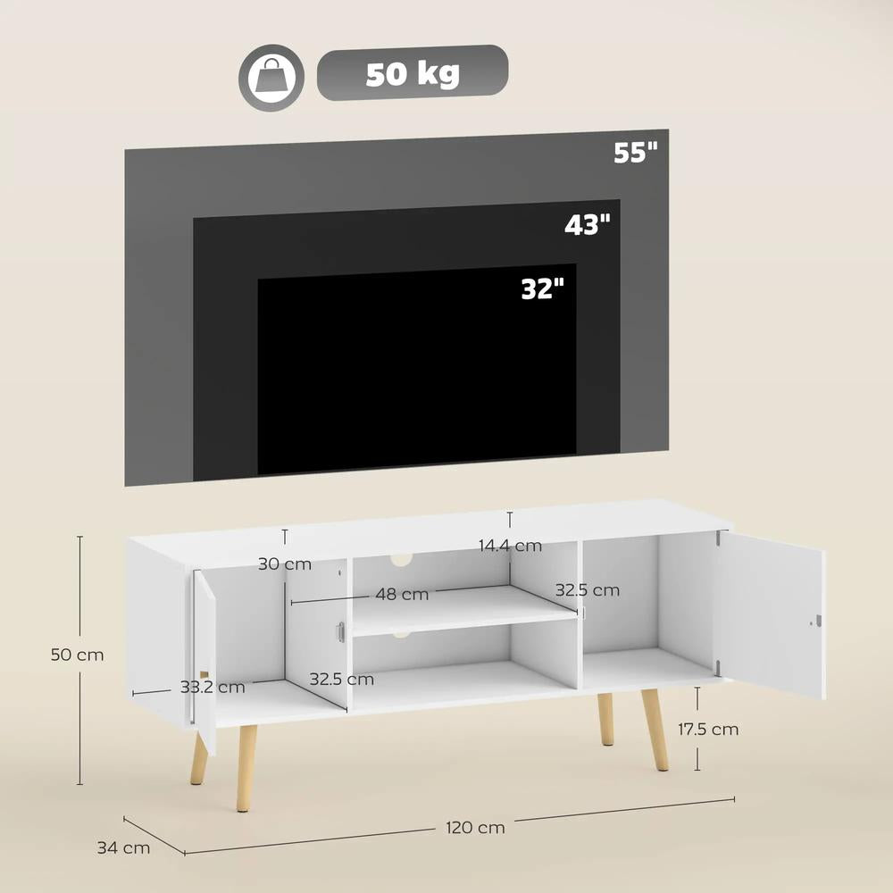 HOMCOM TV Stand Cabinet up to 55 Inches, TV Unit with Storage Shelves and Wood Legs for Living Room, Bedroom, White Additional View 3