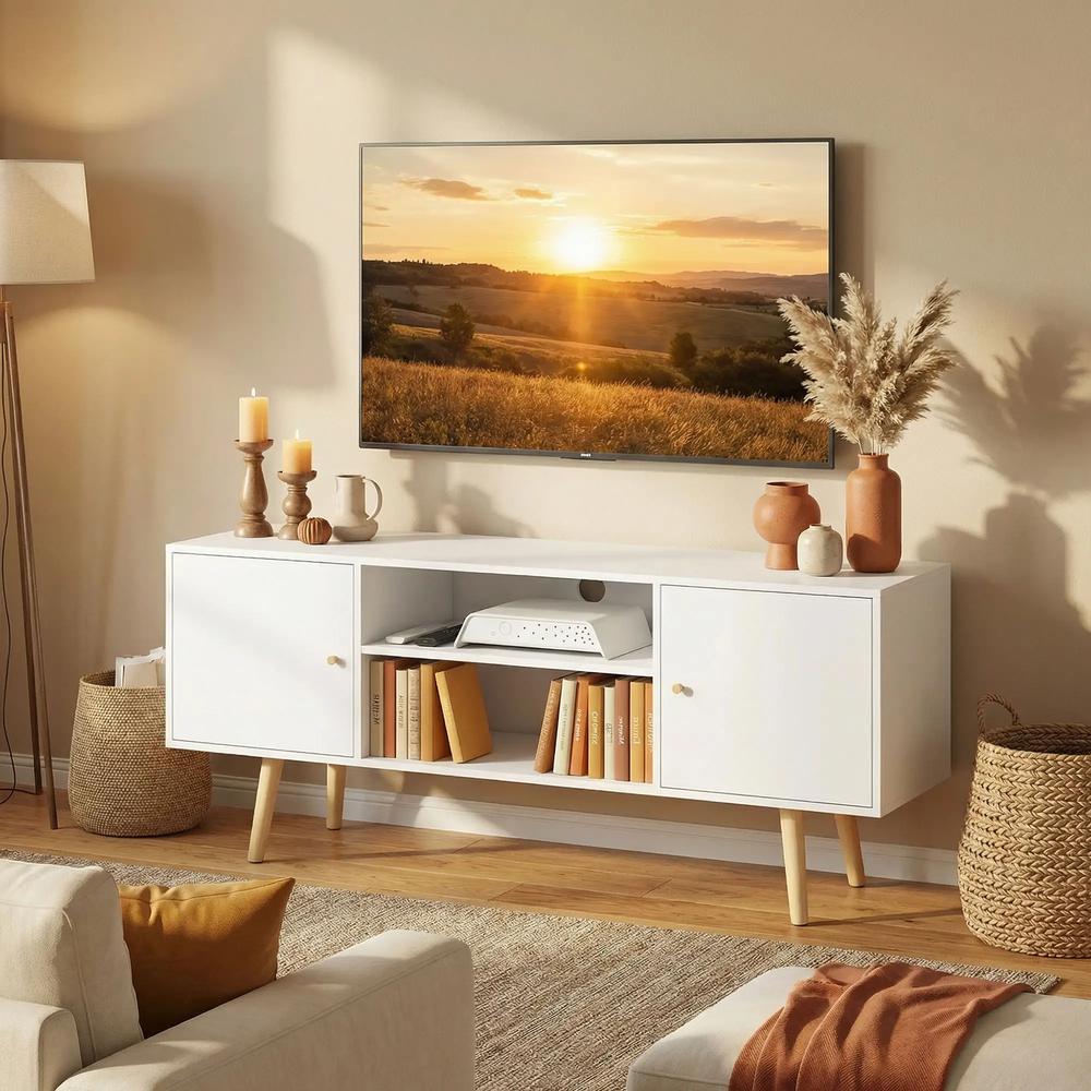 HOMCOM TV Stand Cabinet up to 55 Inches, TV Unit with Storage Shelves and Wood Legs for Living Room, Bedroom, White Additional View 8