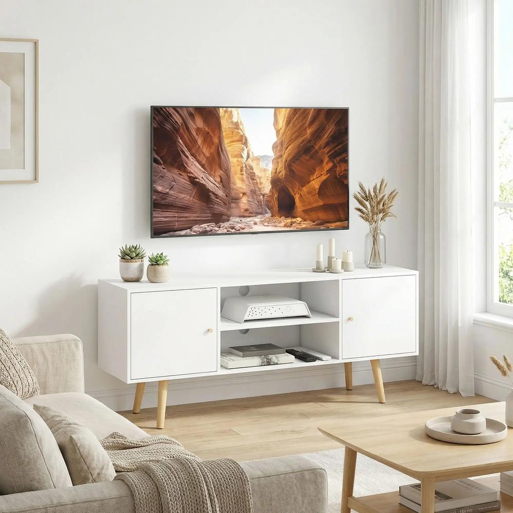 HOMCOM TV Stand Cabinet up to 55 Inches, TV Unit with Storage Shelves and Wood Legs for Living Room, Bedroom, White Additional View 9