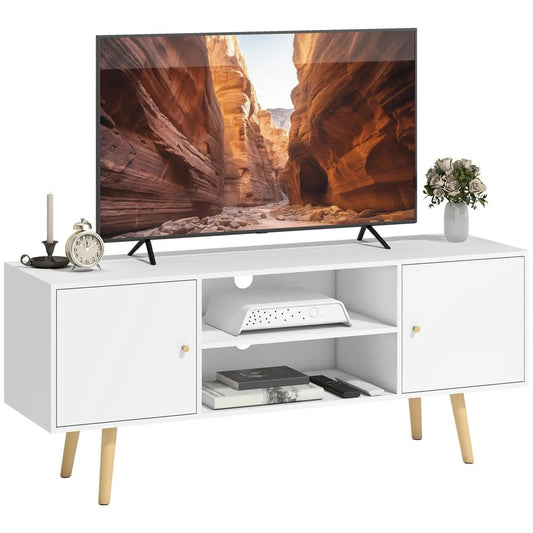 HOMCOM TV Stand Cabinet up to 55 Inches, TV Unit with Storage Shelves and Wood Legs for Living Room, Bedroom, White