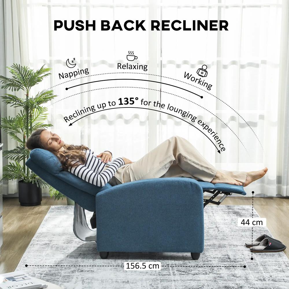 HOMCOM 135&deg; Push Back Recliner Armchair, with Footrest - Blue Additional View 4