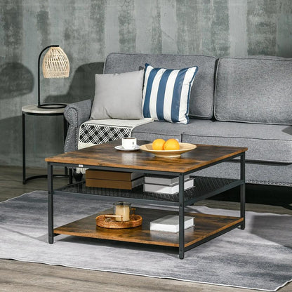 HOMCOM Coffee Table, Living Room Table with 3-Tier Storage Shelves, Square Tea Table for Home Office, Rustic Brown Additional View 2