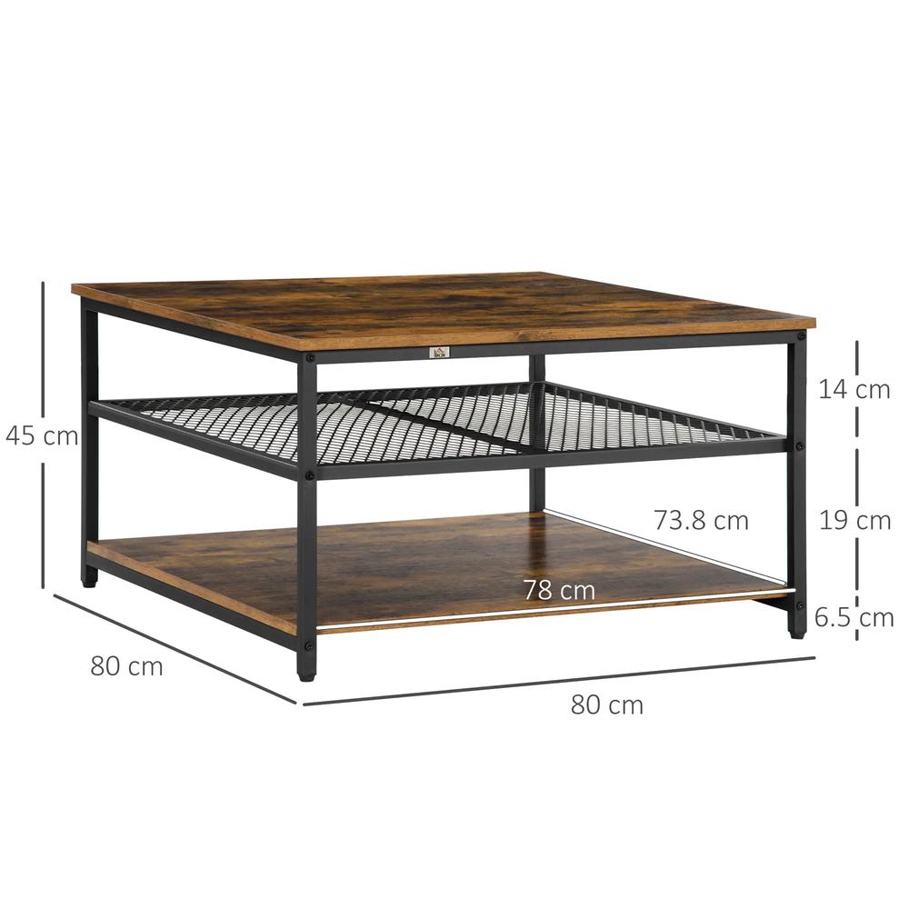 HOMCOM Coffee Table, Living Room Table with 3-Tier Storage Shelves, Square Tea Table for Home Office, Rustic Brown Additional View 3