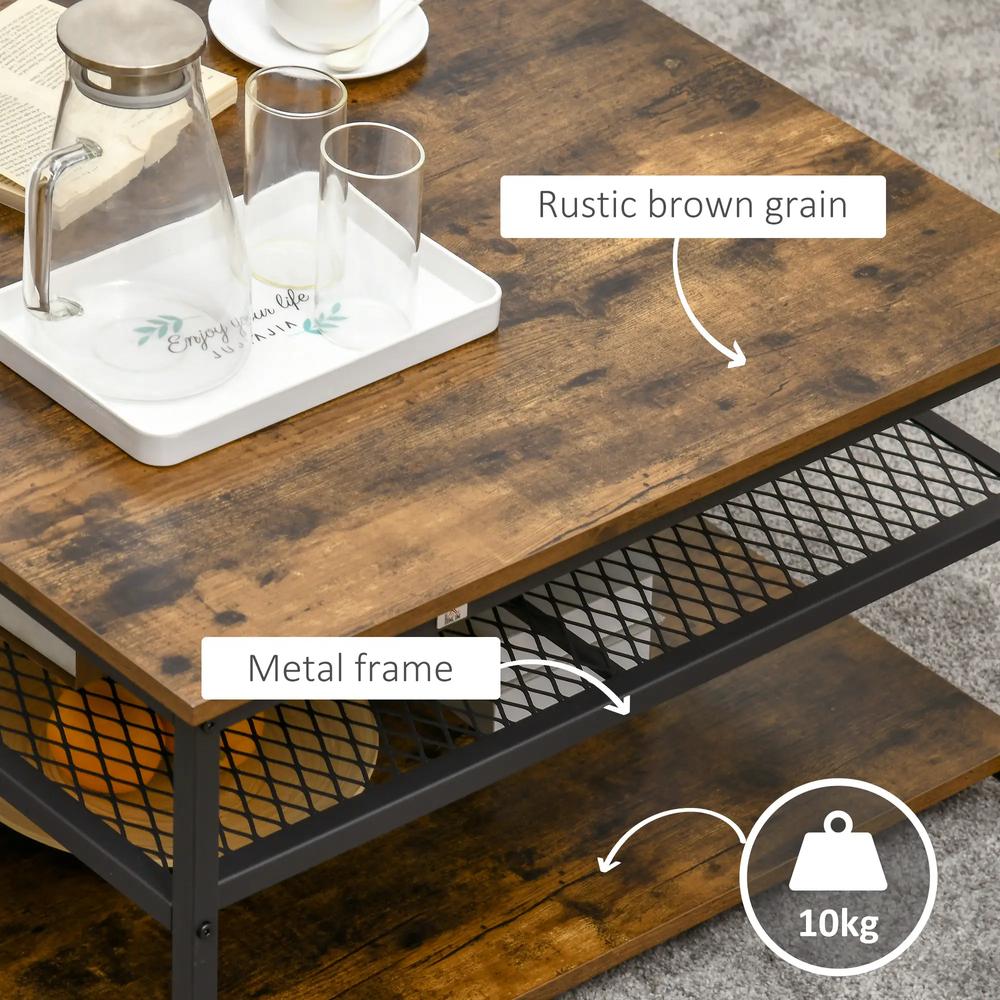 HOMCOM Coffee Table, Living Room Table with 3-Tier Storage Shelves, Square Tea Table for Home Office, Rustic Brown Additional View 5