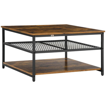 HOMCOM Coffee Table, Living Room Table with 3-Tier Storage Shelves, Square Tea Table for Home Office, Rustic Brown Additional View 10
