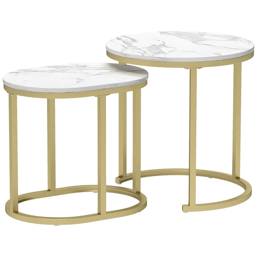 HOMCOM Nest of Tables with Steel Frame and Faux Marble Tabletop, Modern Coffee Table Set of 2 Additional View 12
