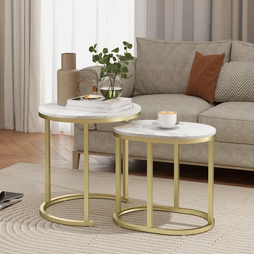 HOMCOM Nest of Tables with Steel Frame and Faux Marble Tabletop, Modern Coffee Table Set of 2 Additional View 13
