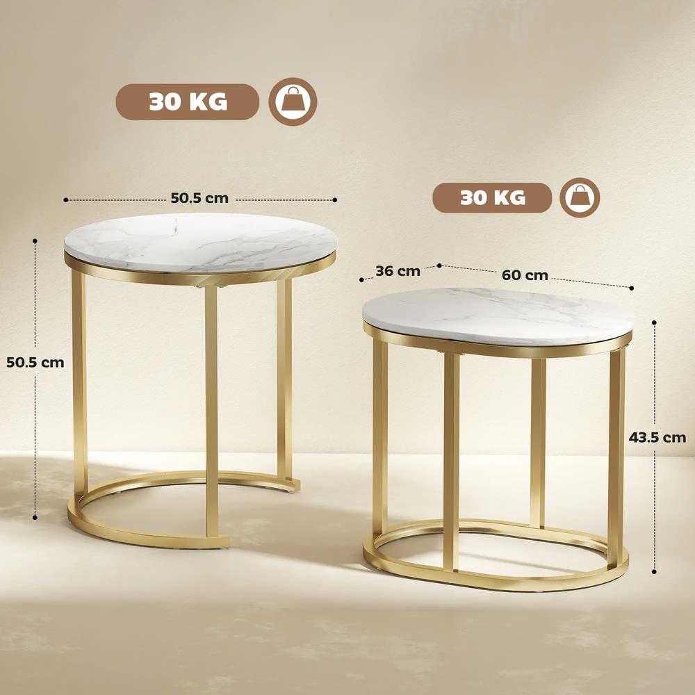 HOMCOM Nest of Tables with Steel Frame and Faux Marble Tabletop, Modern Coffee Table Set of 2 Additional View 14