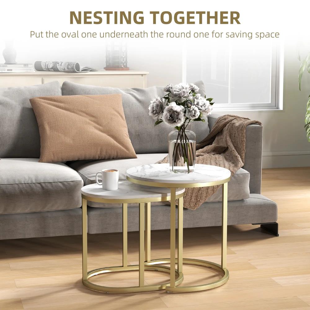 HOMCOM Nest of Tables with Steel Frame and Faux Marble Tabletop, Modern Coffee Table Set of 2 Additional View 15