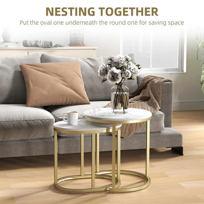 HOMCOM Nest of Tables with Steel Frame and Faux Marble Tabletop, Modern Coffee Table Set of 2 Additional View 15