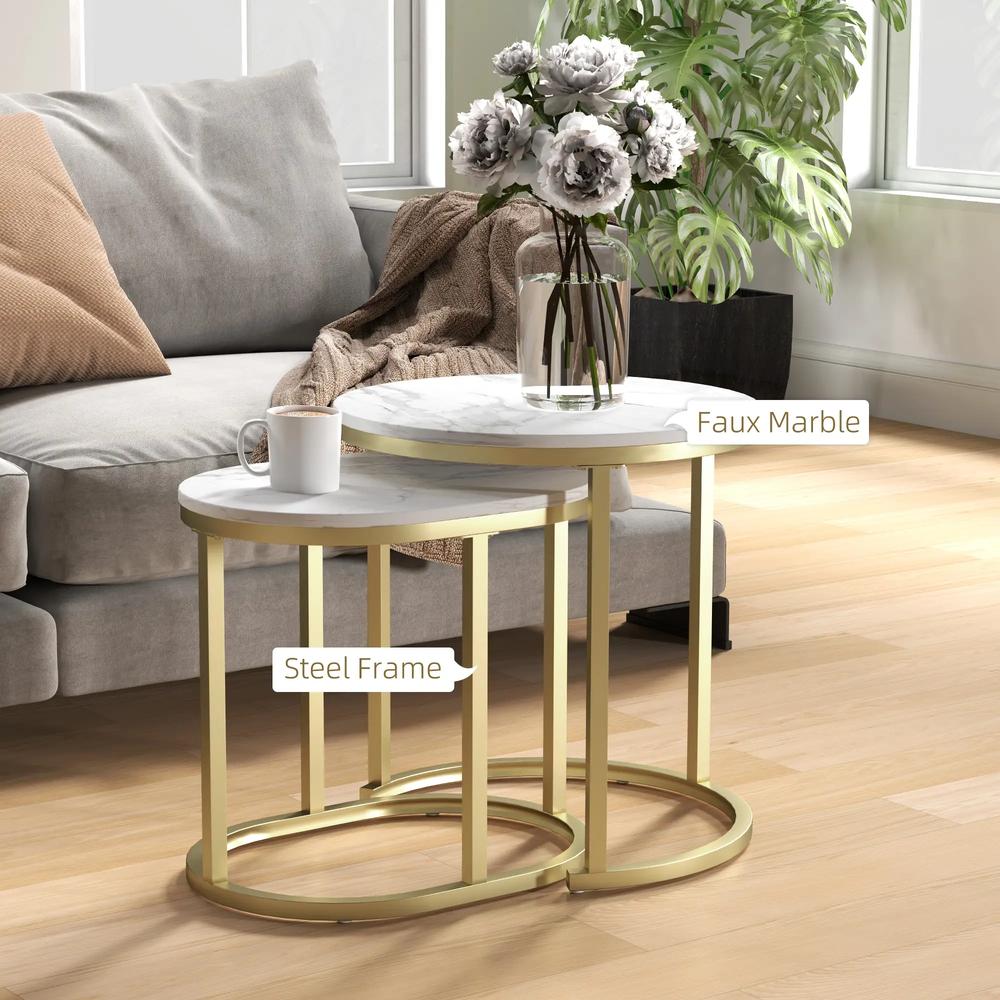 HOMCOM Nest of Tables with Steel Frame and Faux Marble Tabletop, Modern Coffee Table Set of 2 Additional View 16