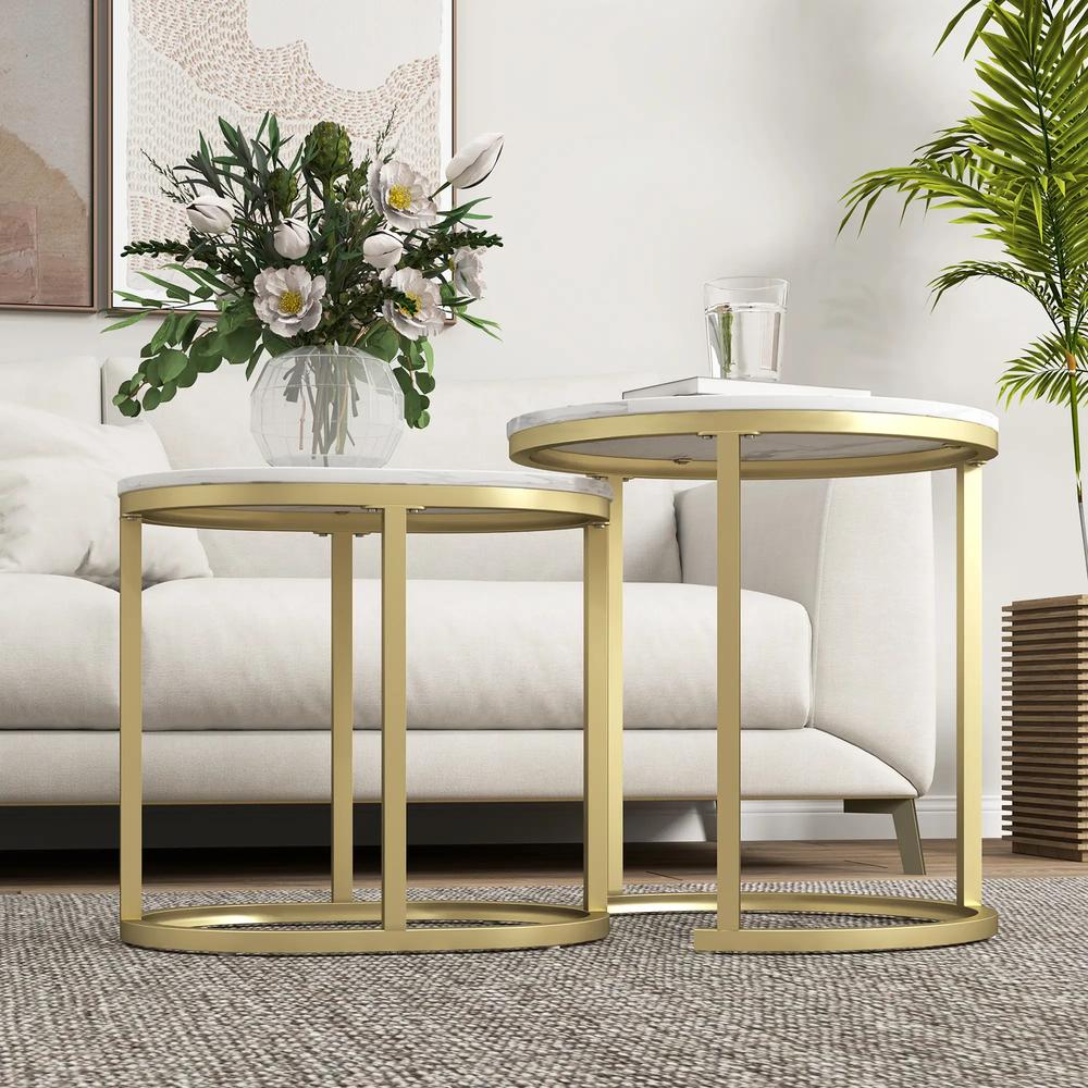 HOMCOM Nest of Tables with Steel Frame and Faux Marble Tabletop, Modern Coffee Table Set of 2 Additional View 19