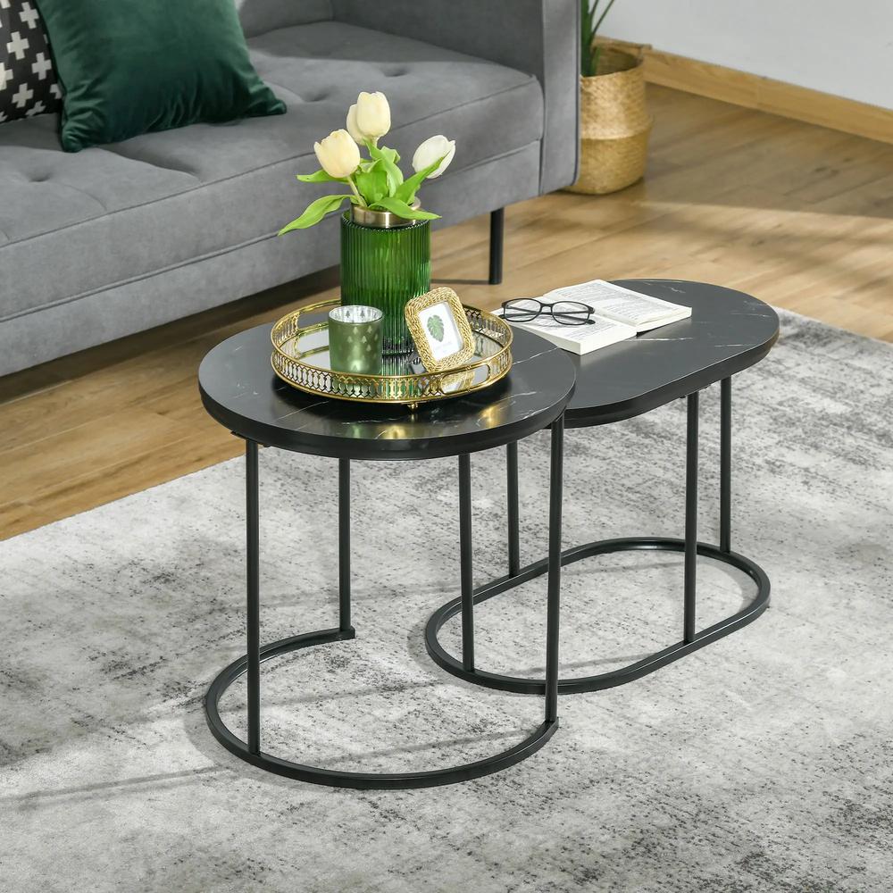 HOMCOM Nest of Tables with Steel Frame and Faux Marble Tabletop, Modern Coffee Table Set of 2 Additional View 2