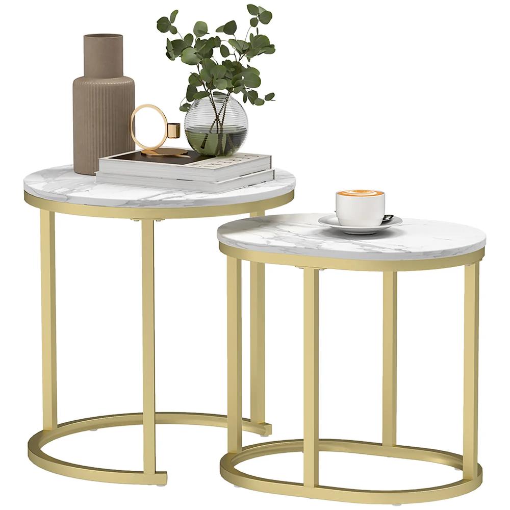 HOMCOM Nest of Tables with Steel Frame and Faux Marble Tabletop, Modern Coffee Table Set of 2 Additional View 22