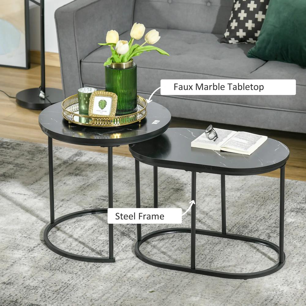 HOMCOM Nest of Tables with Steel Frame and Faux Marble Tabletop, Modern Coffee Table Set of 2 Additional View 5