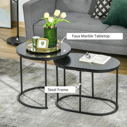 HOMCOM Nest of Tables with Steel Frame and Faux Marble Tabletop, Modern Coffee Table Set of 2 Additional View 5