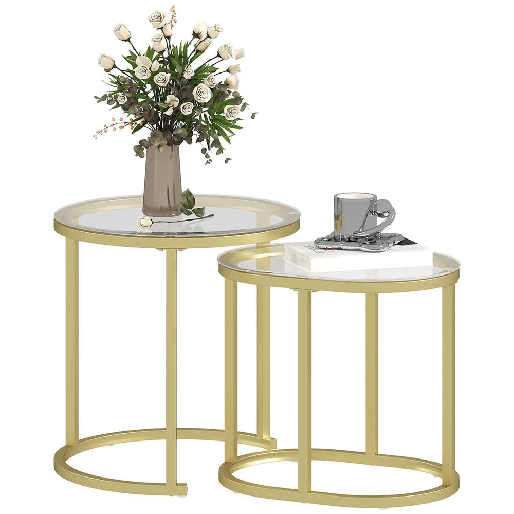 HOMCOM Nest of Tables with Steel Frame and Tempered Glass Tabletop, Modern Coffee Table Set of 2 Additional View 11