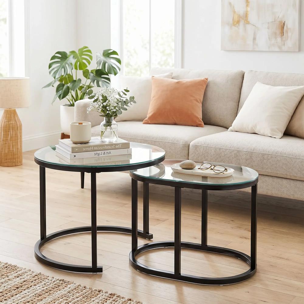 HOMCOM Nest of Tables with Steel Frame and Tempered Glass Tabletop, Modern Coffee Table Set of 2 Additional View 13