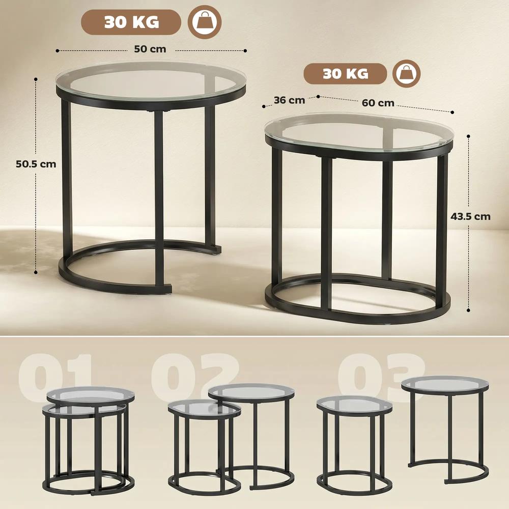 HOMCOM Nest of Tables with Steel Frame and Tempered Glass Tabletop, Modern Coffee Table Set of 2 Additional View 14