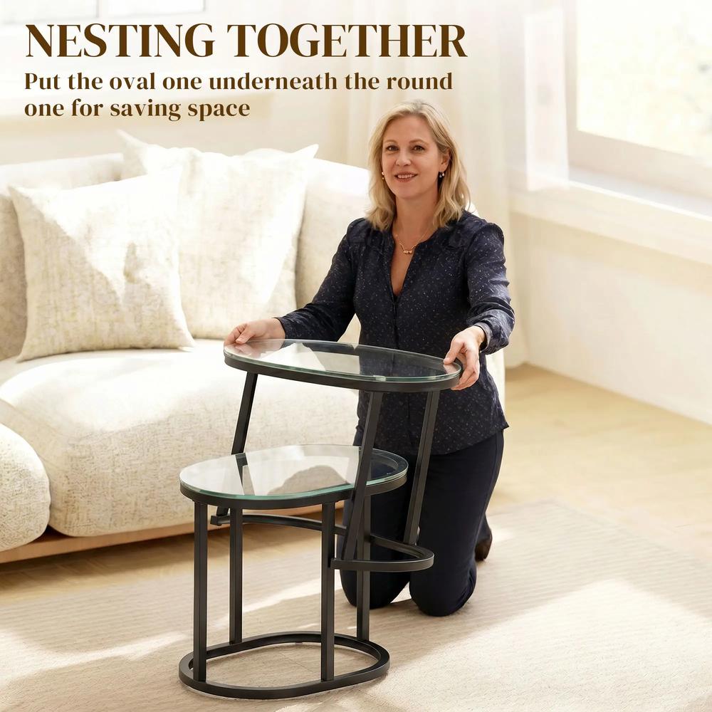 HOMCOM Nest of Tables with Steel Frame and Tempered Glass Tabletop, Modern Coffee Table Set of 2 Additional View 15