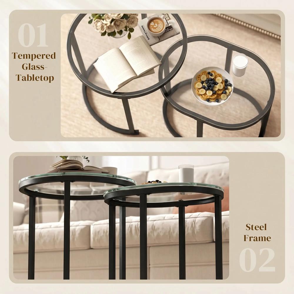HOMCOM Nest of Tables with Steel Frame and Tempered Glass Tabletop, Modern Coffee Table Set of 2 Additional View 16