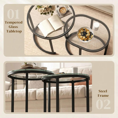HOMCOM Nest of Tables with Steel Frame and Tempered Glass Tabletop, Modern Coffee Table Set of 2 Additional View 16