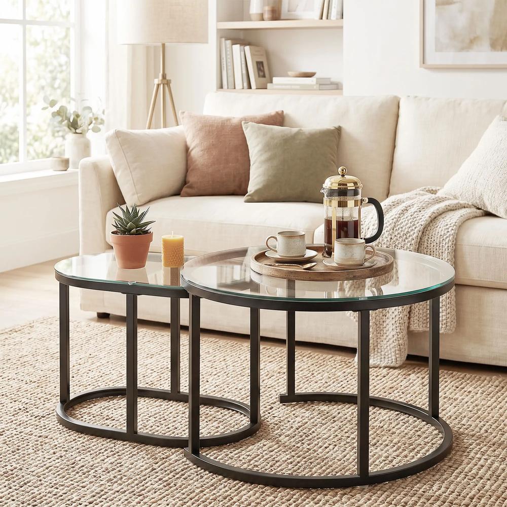 HOMCOM Nest of Tables with Steel Frame and Tempered Glass Tabletop, Modern Coffee Table Set of 2 Additional View 19
