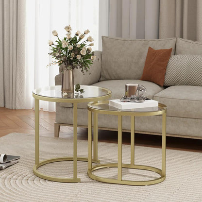 HOMCOM Nest of Tables with Steel Frame and Tempered Glass Tabletop, Modern Coffee Table Set of 2 Additional View 2