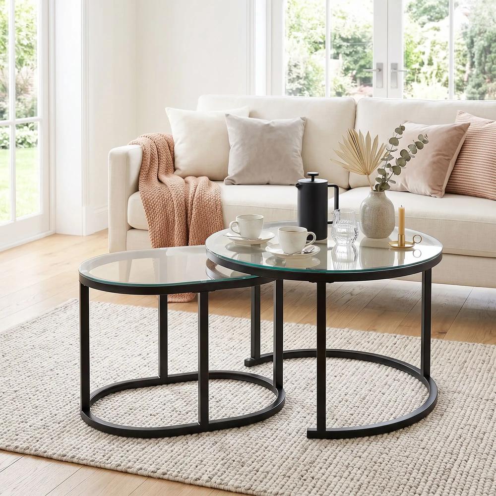 HOMCOM Nest of Tables with Steel Frame and Tempered Glass Tabletop, Modern Coffee Table Set of 2 Additional View 25