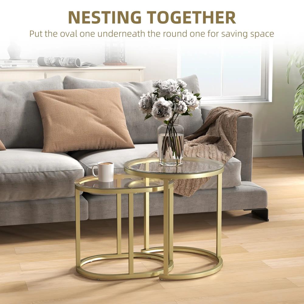 HOMCOM Nest of Tables with Steel Frame and Tempered Glass Tabletop, Modern Coffee Table Set of 2 Additional View 4