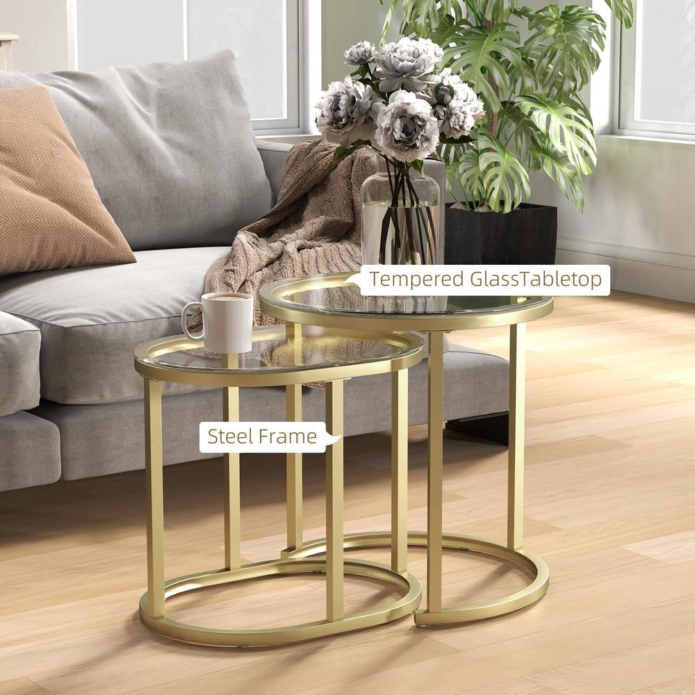 HOMCOM Nest of Tables with Steel Frame and Tempered Glass Tabletop, Modern Coffee Table Set of 2 Additional View 5