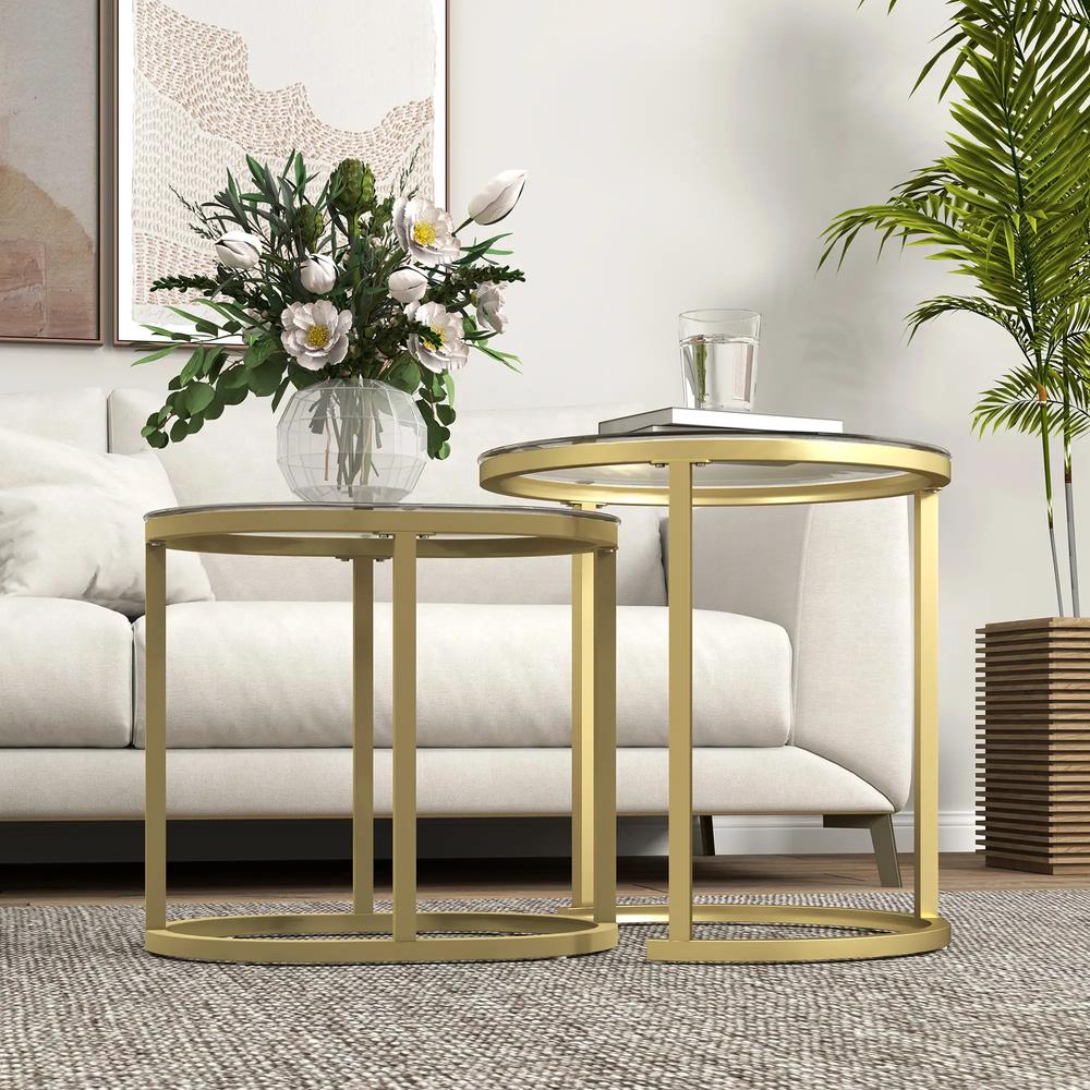 HOMCOM Nest of Tables with Steel Frame and Tempered Glass Tabletop, Modern Coffee Table Set of 2 Additional View 8