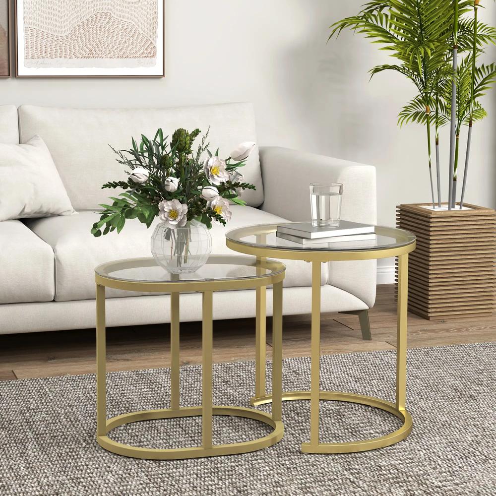 HOMCOM Nest of Tables with Steel Frame and Tempered Glass Tabletop, Modern Coffee Table Set of 2 Additional View 10