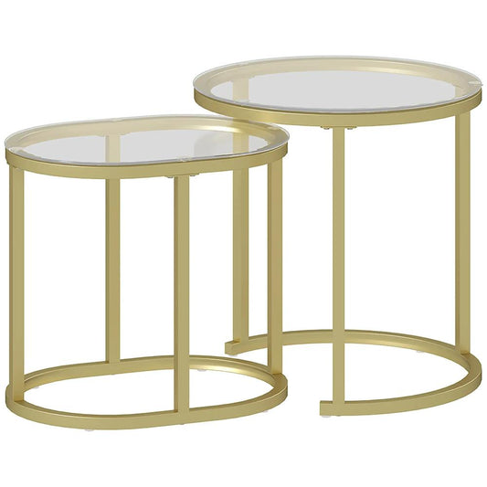 HOMCOM Nest of Tables with Steel Frame and Tempered Glass Tabletop, Modern Coffee Table Set of 2