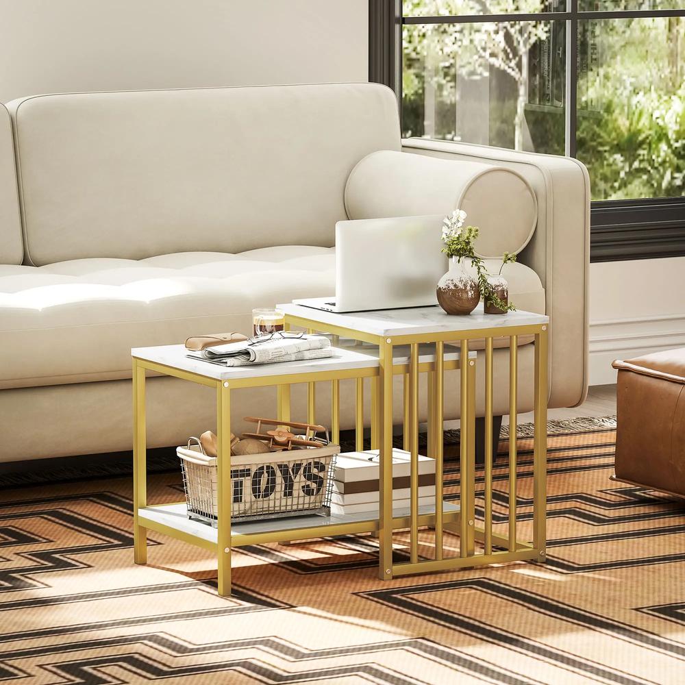 HOMCOM Modern Coffee Table Set of Two, Marble-Effect Nesting Side Tables with Steel Frame for Living Room, Gold Tone Additional View 2