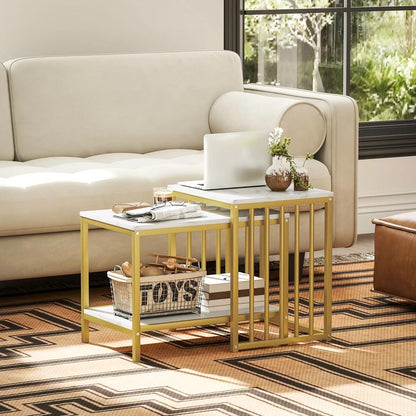 HOMCOM Modern Coffee Table Set of Two, Marble-Effect Nesting Side Tables with Steel Frame for Living Room, Gold Tone Additional View 2