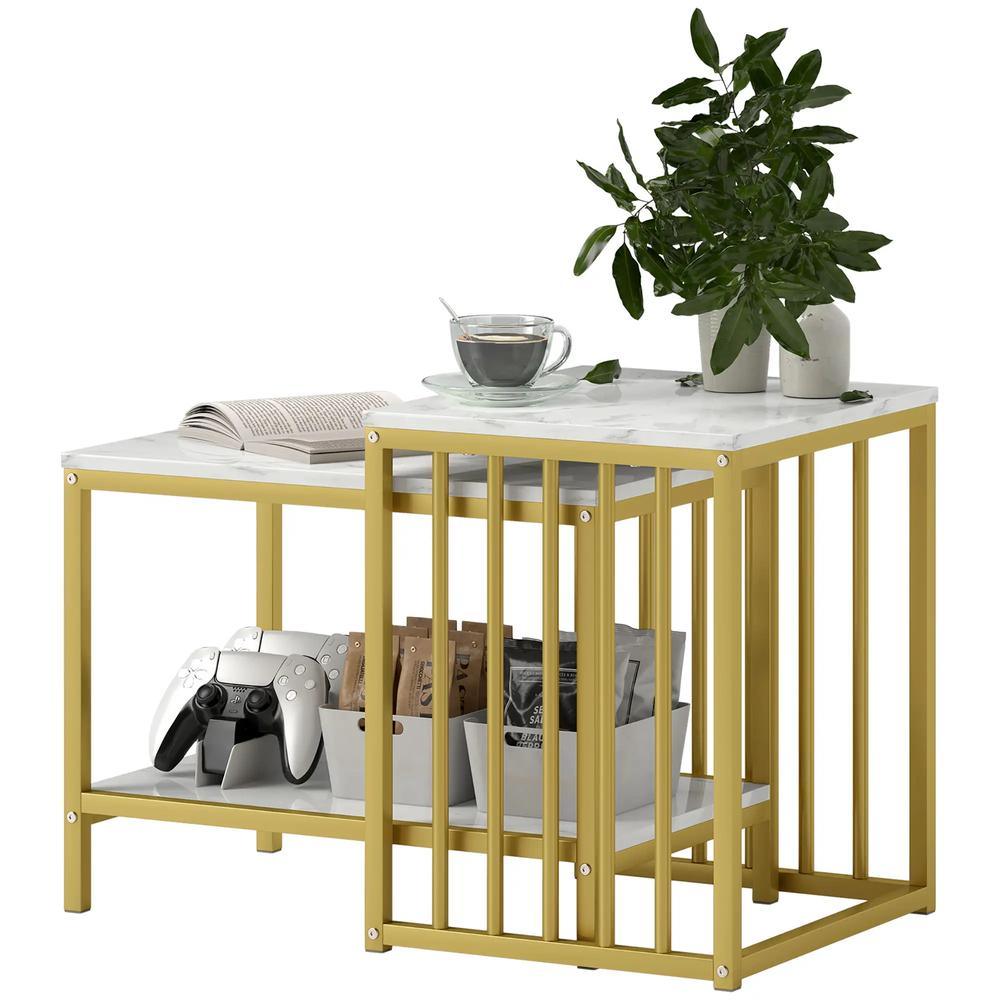 HOMCOM Modern Coffee Table Set of Two, Marble-Effect Nesting Side Tables with Steel Frame for Living Room, Gold Tone Additional View 11