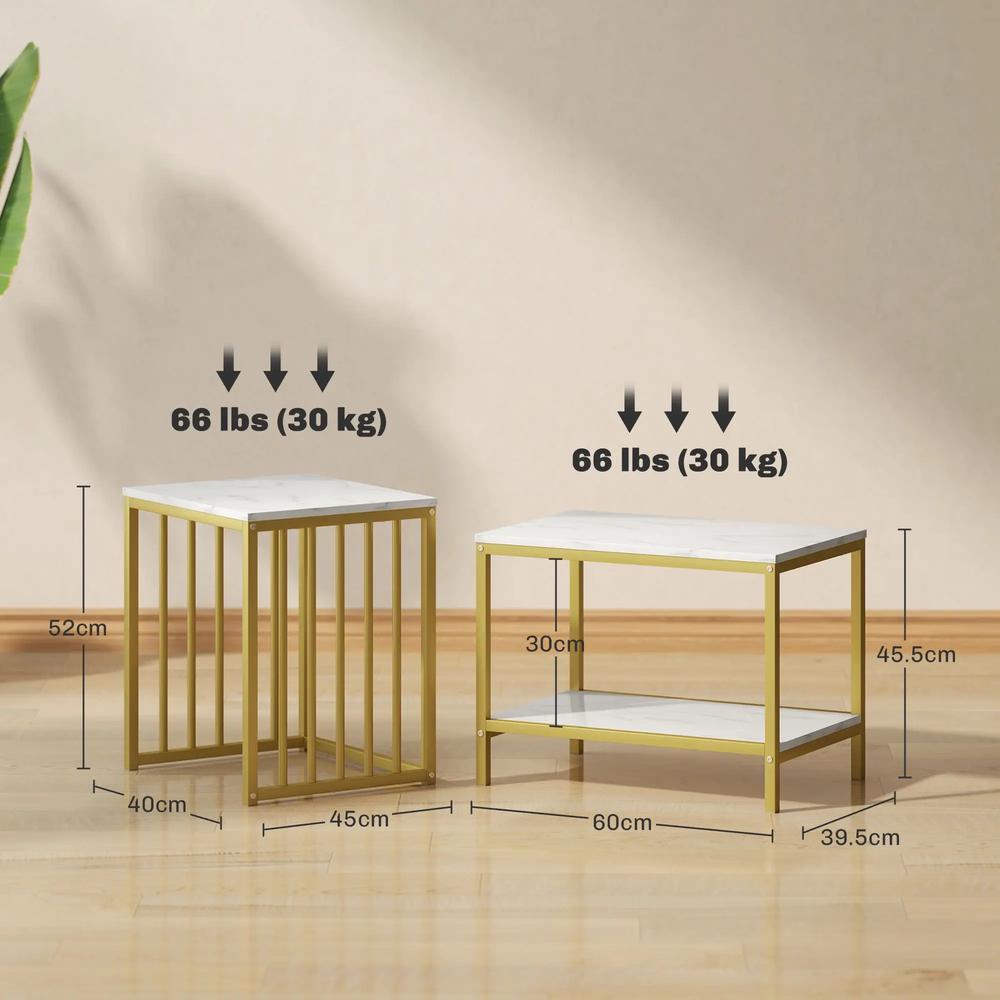 HOMCOM Modern Coffee Table Set of Two, Marble-Effect Nesting Side Tables with Steel Frame for Living Room, Gold Tone Additional View 3