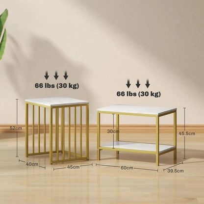 HOMCOM Modern Coffee Table Set of Two, Marble-Effect Nesting Side Tables with Steel Frame for Living Room, Gold Tone Additional View 3