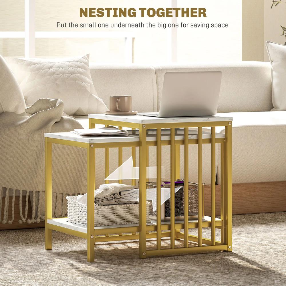 HOMCOM Modern Coffee Table Set of Two, Marble-Effect Nesting Side Tables with Steel Frame for Living Room, Gold Tone Additional View 4