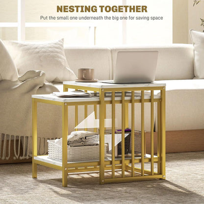 HOMCOM Modern Coffee Table Set of Two, Marble-Effect Nesting Side Tables with Steel Frame for Living Room, Gold Tone Additional View 4