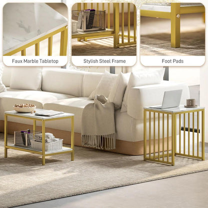 HOMCOM Modern Coffee Table Set of Two, Marble-Effect Nesting Side Tables with Steel Frame for Living Room, Gold Tone Additional View 5