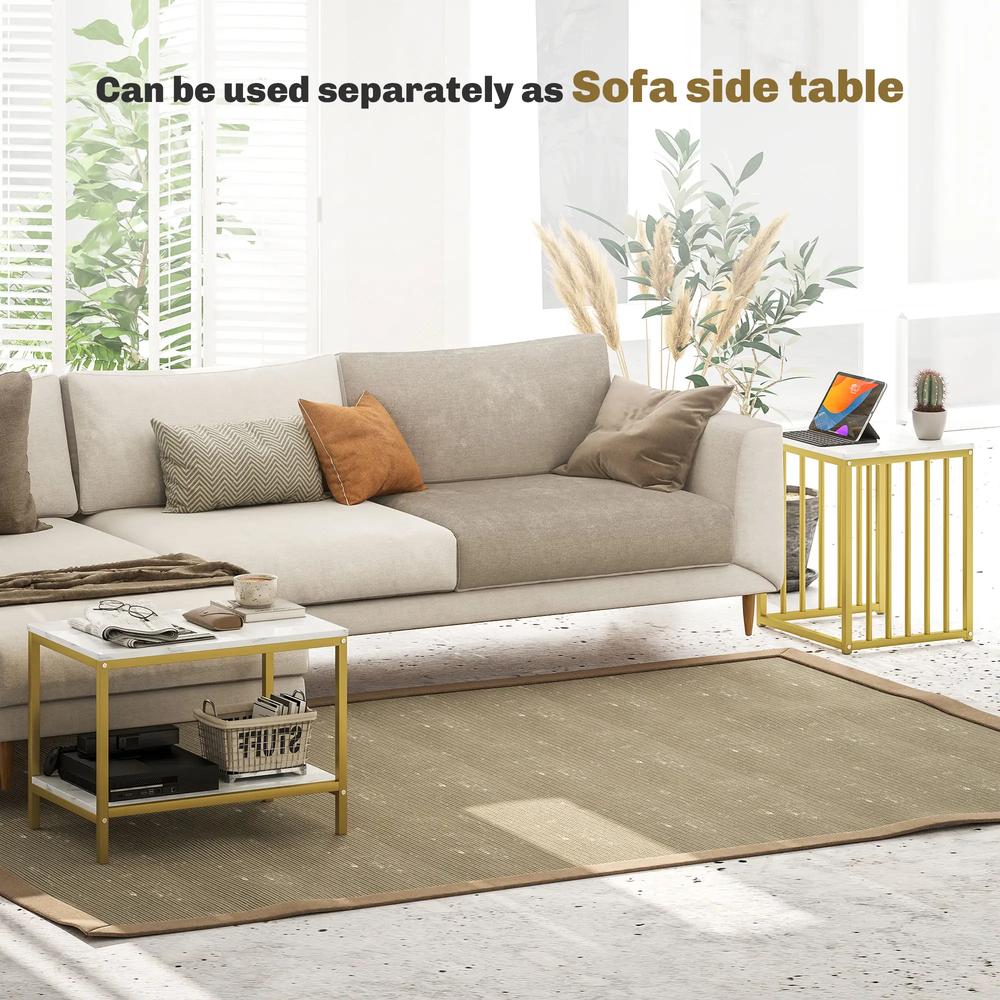 HOMCOM Modern Coffee Table Set of Two, Marble-Effect Nesting Side Tables with Steel Frame for Living Room, Gold Tone Additional View 6