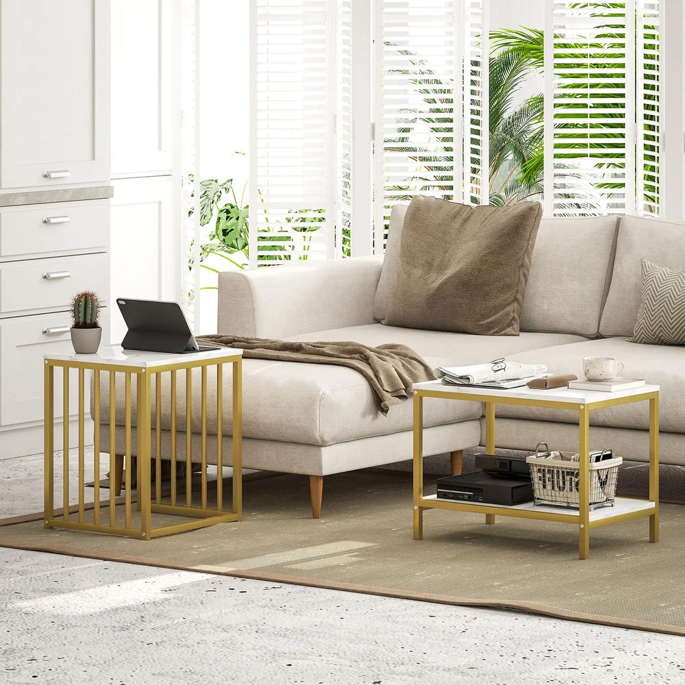HOMCOM Modern Coffee Table Set of Two, Marble-Effect Nesting Side Tables with Steel Frame for Living Room, Gold Tone Additional View 7