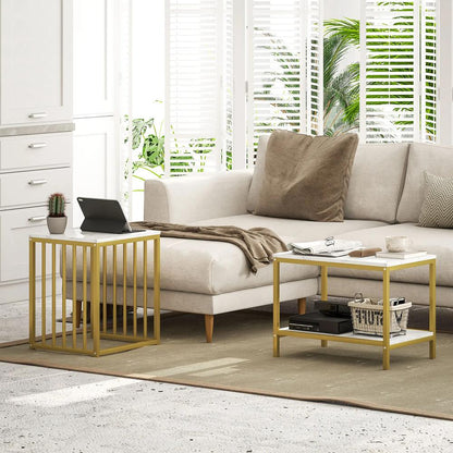 HOMCOM Modern Coffee Table Set of Two, Marble-Effect Nesting Side Tables with Steel Frame for Living Room, Gold Tone Additional View 7